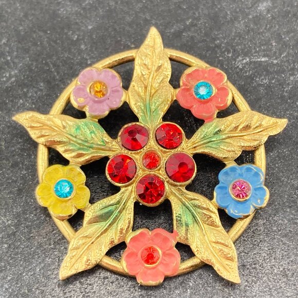 Vintage Jewelry - VINTAGE Gold tone metal, enamel, and rhinestone flower brooch ~ 1930s 1940s pin
